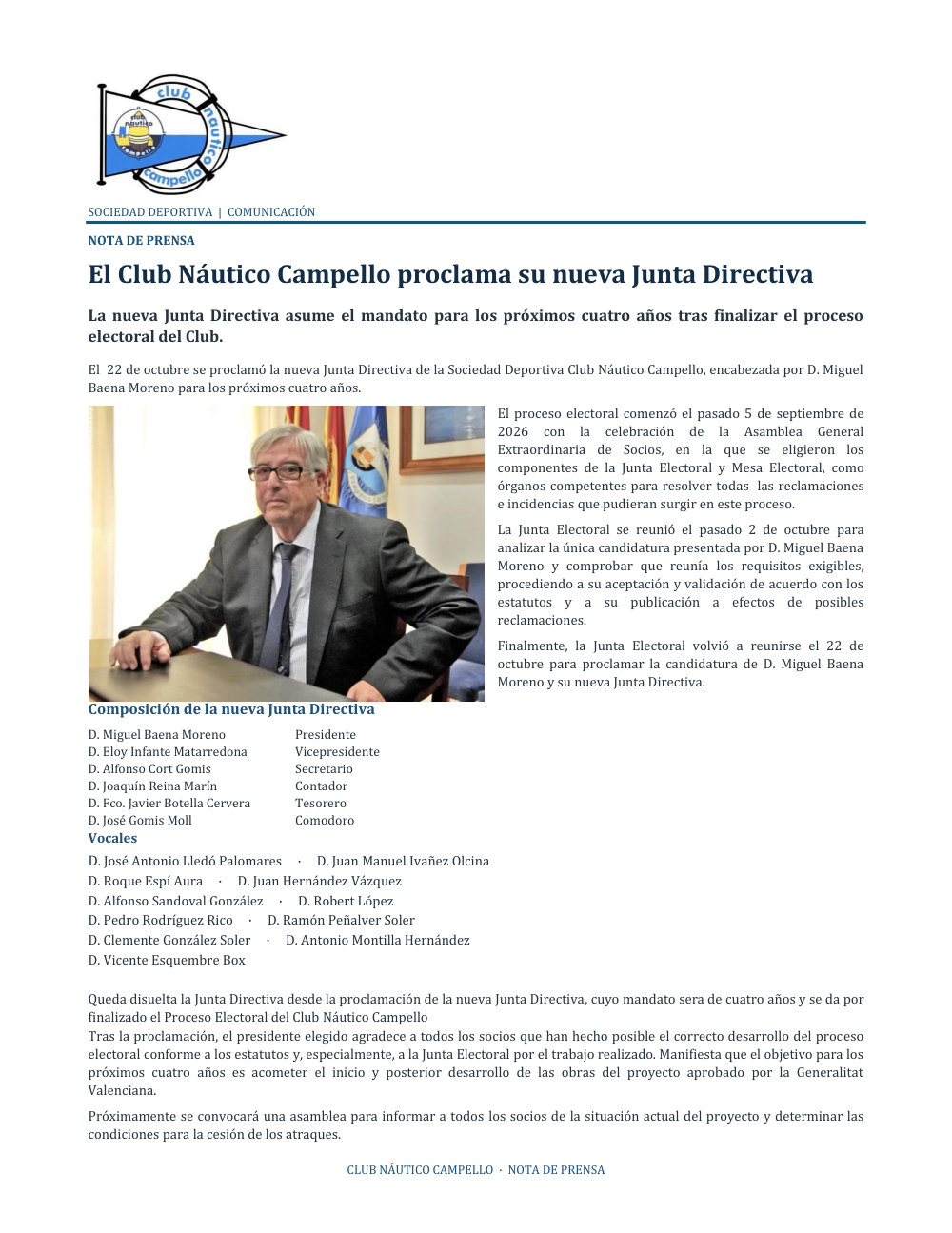 Nota de prensa: el Club Náutico Campello proclama su nueva Junta Directiva